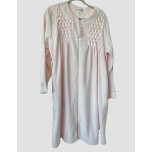 Miss Elaine Fleece Housecoat Short Robe Sz XL‎ Pink Embroidered Floral Full Zip